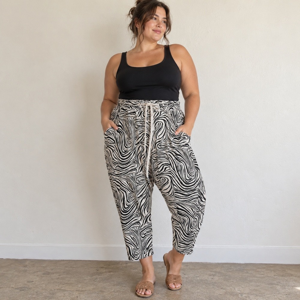 Anthropologie Daily Practice Womens Pants 2X Black White Zebra Print Drop Crotch